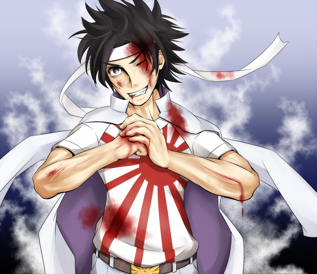 1boy, bare_arms, belt, black_hair, blood, blood_from_mouth, blood_on_clothes, blood_on_face