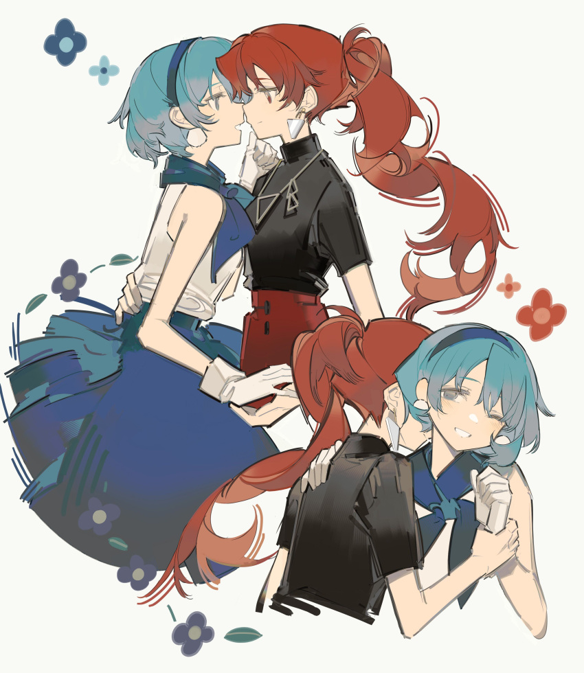 2girls, absurdres, black_shirt, blue_eyes, blue_flower, blue_hair, blue_shawl, dangle_earrings
