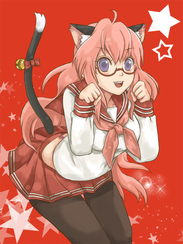 black_pantyhose, cat_ears, cat_pose, cord-yoshikazu, glasses, lucky_star, open_mouth, pantyhose