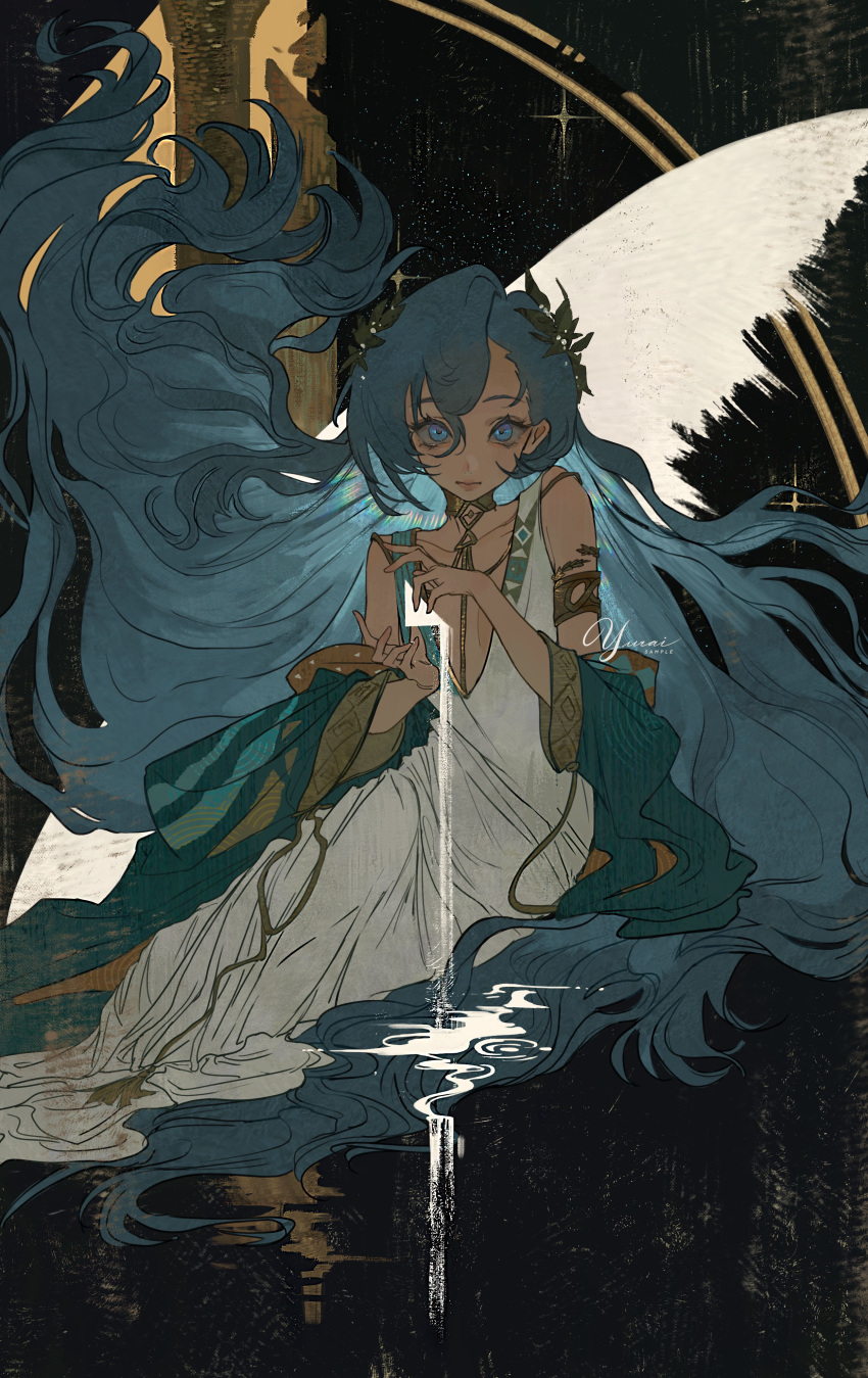 1girl, 37_(reverse:1999), absurdres, ancient_greek_clothes, armlet, artist_name, asymmetrical_bangs, bare_shoulders, black_background, blue_eyes, blue_shawl, closed_mouth, column, dark, flat_chest, floating_hair, full_body, gold_choker, greco-roman_clothes, hands_up, highres, laurel_crown, lips, long_hair, looking_at_viewer, pillar, plunging_neckline, reverse:1999, shawl, sitting, solo, sparkle, toga, triangle, very_long_hair, yokozuwari, yuzaiii