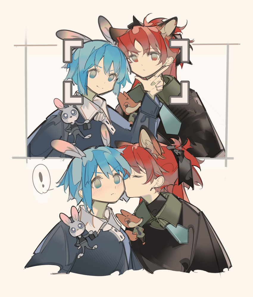 !, 2girls, absurdres, animal_ears, blue_eyes, blue_hair, blush, facing_viewer