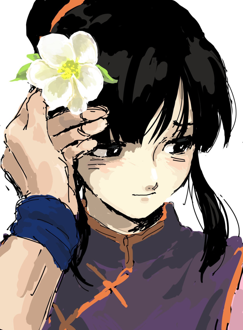 1boy, 1girl, adjusting_hair_ornament, black_eyes, black_hair, blue_wristband, blunt_bangs, chi-chi_(dragon_ball)