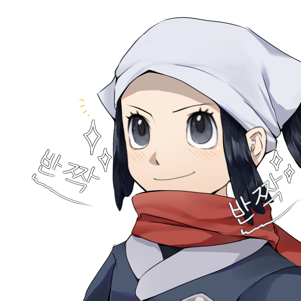 1girl, akari_(pokemon), antennae, black_hair, galaxy_expedition_team_survey_corps_uniform, grey_eyes, head_scarf, light_blush