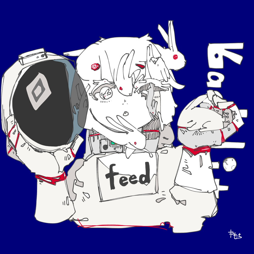1girl, 3ma_can_omochi, :o, abstract, animal_on_head, blue_background, buck_teeth, character_request