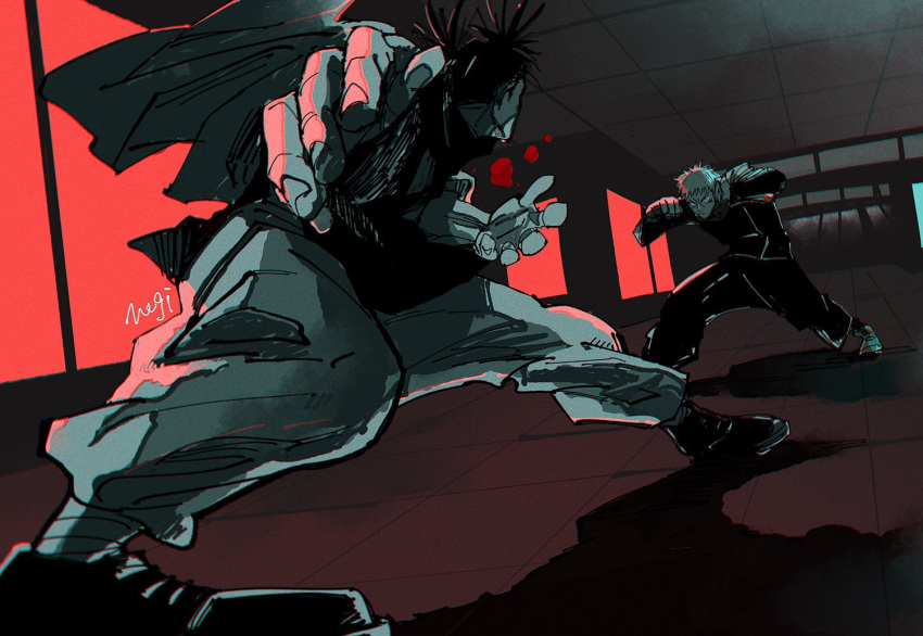 2boys, blood, choso_(jujutsu_kaisen), closed_mouth, fighting_stance, greyscale_with_colored_background, hands_up, itadori_yuuji