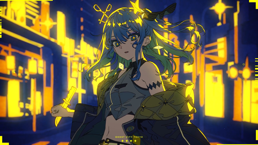 1girl, belt, blue_eyes, blue_hair, breast_pocket, breasts, crop_top, crosswalk, earrings, hair_between_eyes, highres, hololive, hoshimachi_suisei, jacket, jewelry, knife_in_hand, looking_at_viewer, midriff, non-web_source, open_clothes, open_jacket, open_mouth, pocket, scissors, small_breasts, solo, stab, torino_kawazu, virtual_youtuber, white_belt, yellow_background