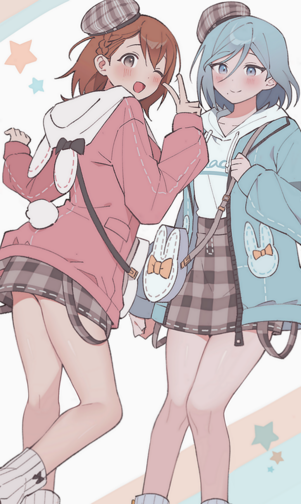 2girls, animal_hood, ankle_socks, bag, bare_legs, belt, beret, black_bow
