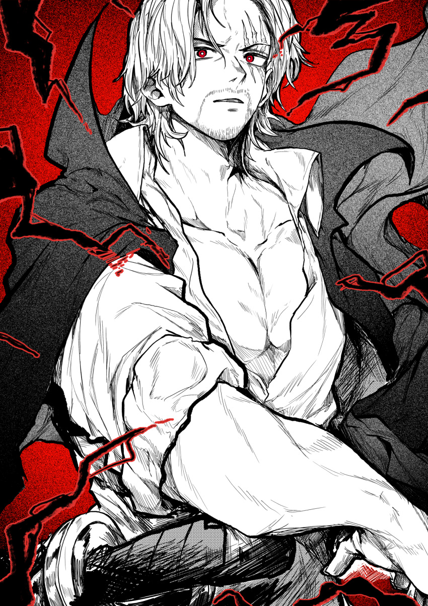 1boy, black_cape, cape, commentary_request, facial_hair, greyscale_with_colored_background, highres, male_focus