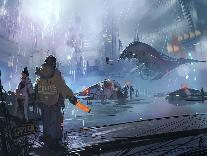 city, flying, glowing, glowstick, lights, motor_vehicle, original, pablo, police, rain, vehicle, water