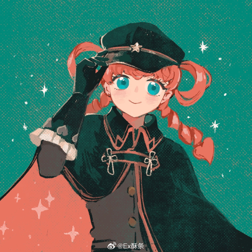 1girl, ace_attorney, aqua_background, aqua_eyes, arm_up, black_cloak, black_gloves, black_headwear