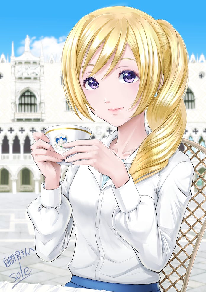 1girl, alicia_florence, aria, artist_name, blonde_hair, blue_skirt, blue_sky, blurry