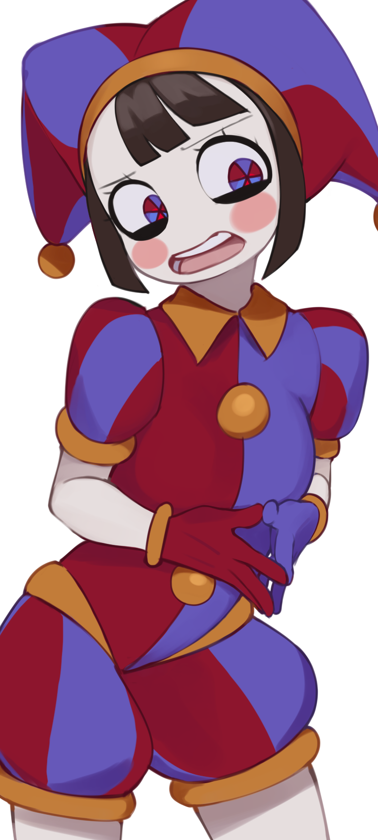 1girl, asymmetrical_gloves, black_hair, blue_eyes, blue_gloves, blush_stickers, colored_skin, gloves