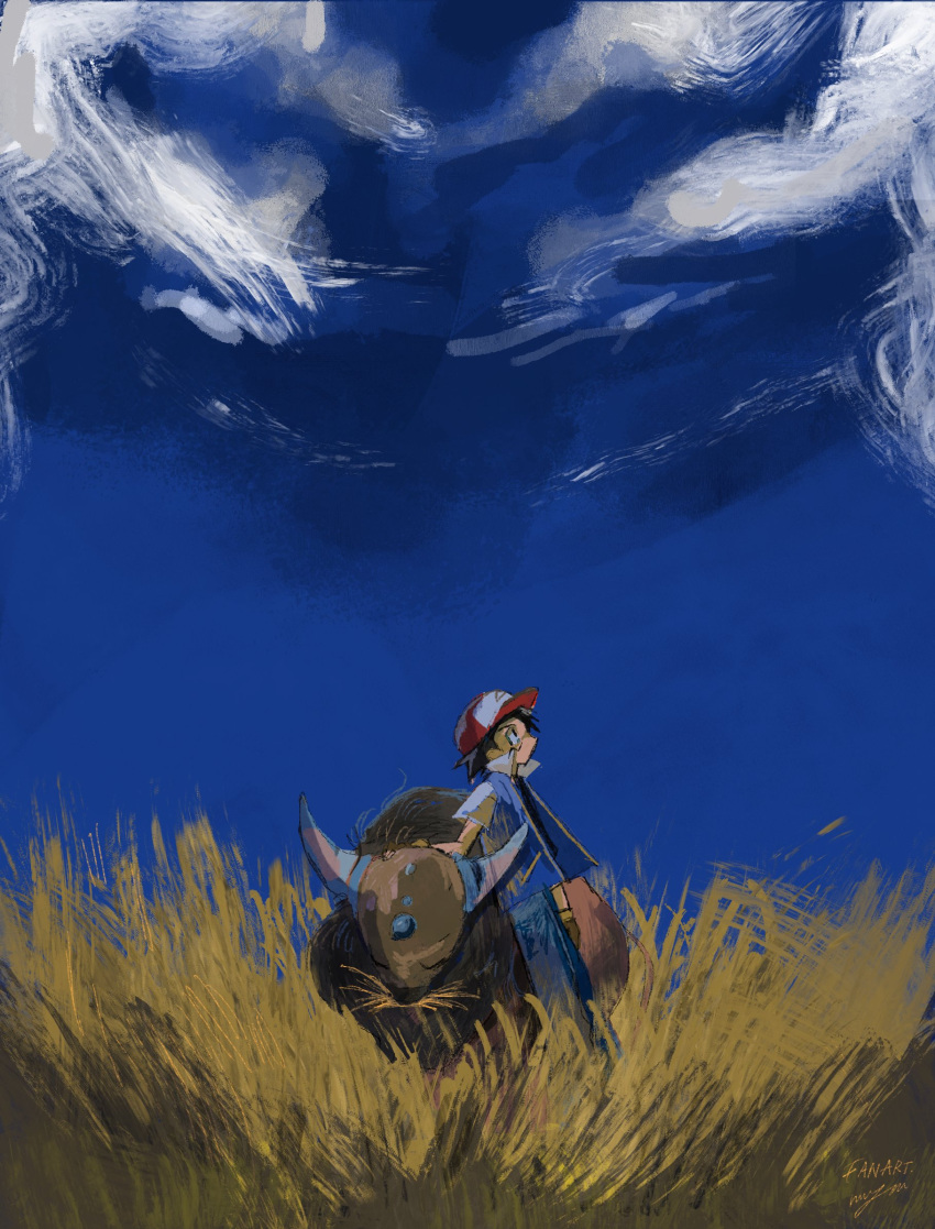 017_75, ash_ketchum, baseball_cap, black_hair, blue_jacket, blue_sky, child, clouds, cloudy_sky, denim, grass, hat, highres, horns, jacket, jeans, looking_up, pants, pokemon, pokemon_(anime), pokemon_(classic_anime), pokemon_(creature), sky, tauros, white_clouds