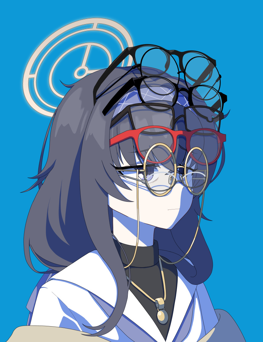 1girl, absurdres, black-framed_eyewear, black_hair, blue_archive, blue_background, blue_hairband, blue_neckerchief