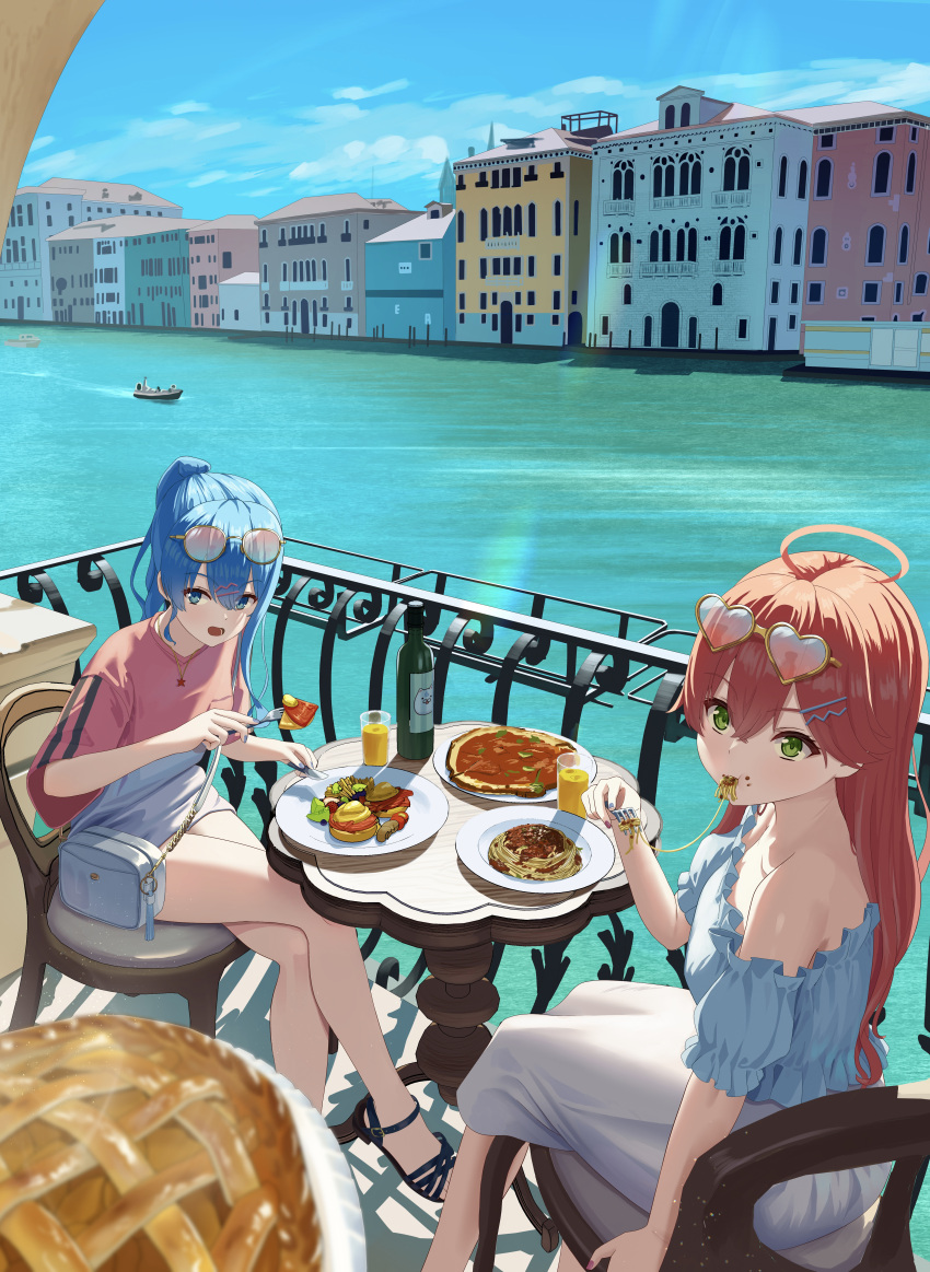 2girls, absurdres, ahoge, asakura_(asa_t77), boat, bottle, breakfast, cherry_tomato