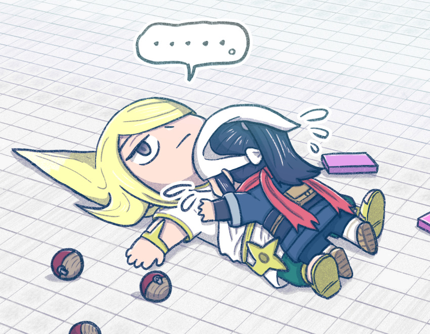 ..., 1boy, 1girl, akari_(pokemon), blonde_hair, commentary_request, fexmother-love, grey_eyes, hair_over_one_eye, head_scarf, highres, long_hair, lying, official_alternate_costume, official_alternate_hairstyle, on_back, on_ground, on_person, one_eye_covered, outdoors, poke_ball, pokemon, pokemon_(game), pokemon_legends:_arceus, red_scarf, scarf, spoken_ellipsis, volo_(pokemon)