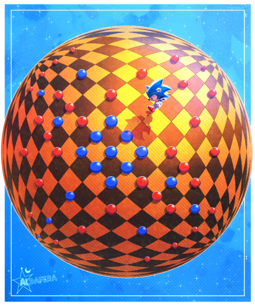 1boy, absurdres, aldafera_art, artist_logo, blue_background, checkered_floor, furry, furry_male, gloves, highres, male_focus, orb, red_footwear, shoes, sneakers, solo, sonic_(series), sonic_the_hedgehog, sonic_the_hedgehog_(classic), sonic_the_hedgehog_3, sparkle, white_gloves