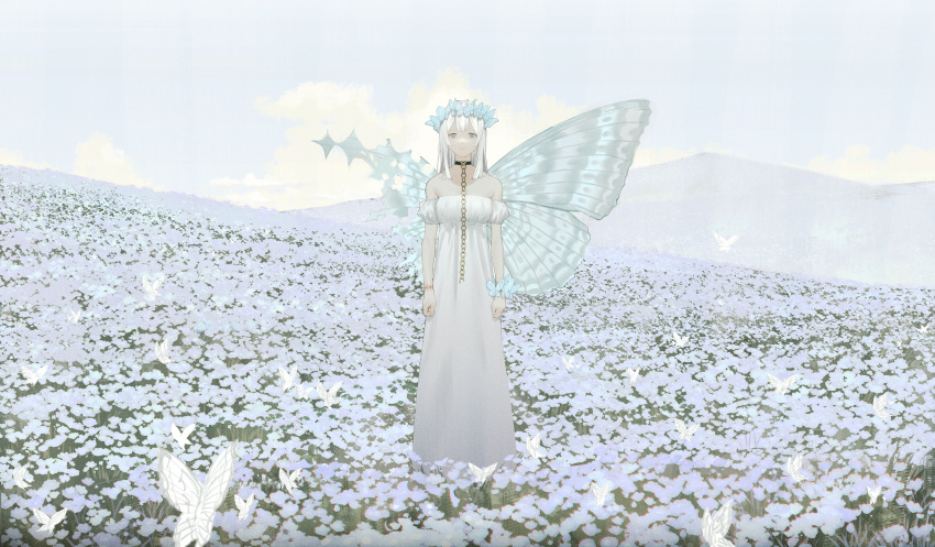 1girl, :>, absurdres, animal, aqua_eyes, blue_flower, blue_sky, blue_theme