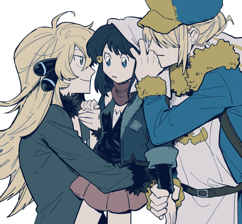 1boy, 2girls, 79x_(ox79xo), akari_(pokemon), blonde_hair, blue_eyes, blue_hair, carrying, commentary_request, cynthia_(pokemon), dawn, hair_over_one_eye, hat, highres, holding_another's_wrist, holding_hands, in-franchise_crossover, long_hair, multiple_girls, pokemon, pokemon_(game), pokemon_dppt, short_hair, smile, the_legend_of_zelda, the_legend_of_zelda:_breath_of_the_wild, volo_(pokemon)