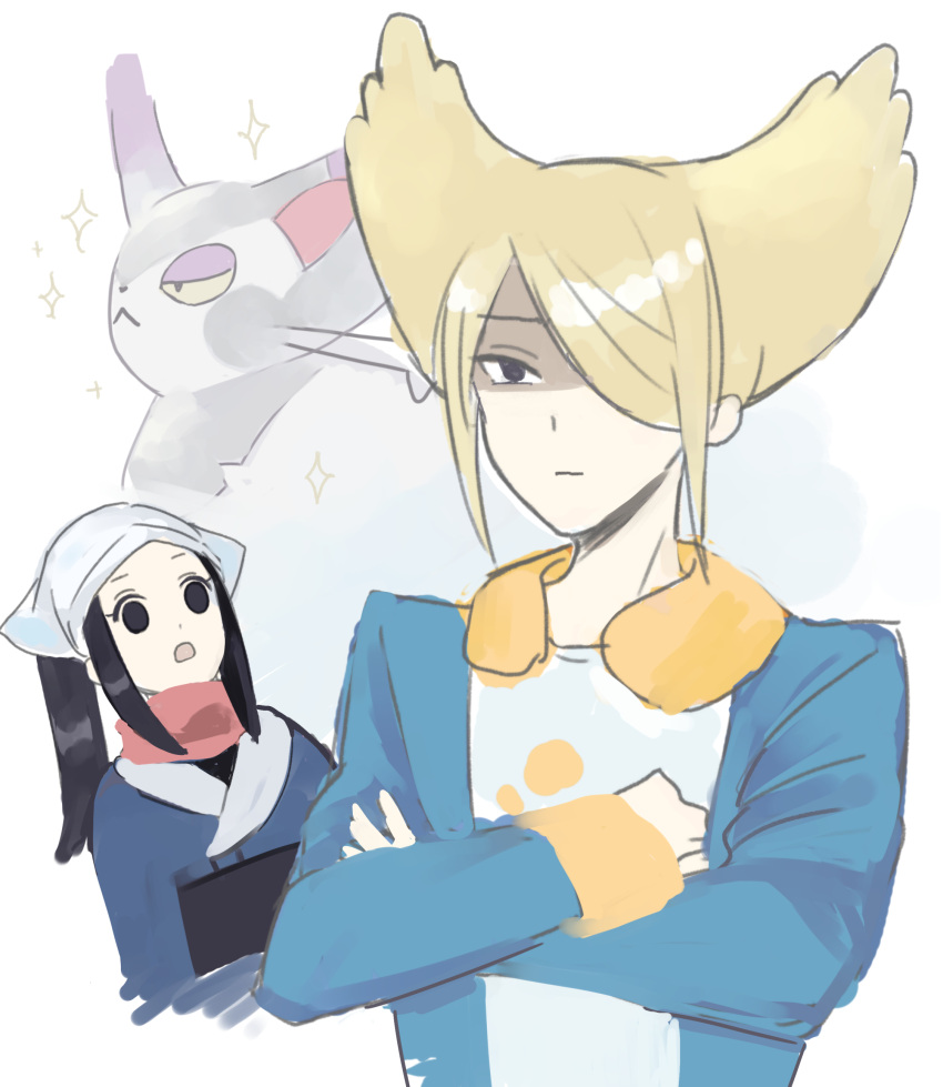 1boy, 1girl, 96rin_go2, :<, absurdres, akari_(pokemon), alternate_hairstyle, blonde_hair, blue_eyes, blue_hair, commentary_request, crossed_arms, hair_over_one_eye, head_scarf, highres, long_hair, one_eye_covered, pokemon, pokemon_(creature), pokemon_(game), pokemon_legends:_arceus, purugly, red_scarf, scarf, sketch, volo_(pokemon)