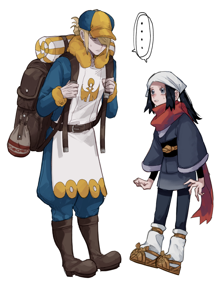 ..., 1boy, 1girl, absurdres, akari_(pokemon), backpack, bag, blonde_hair, blue_eyes, blue_hair, clenched_hand, commentary_request, full_body, hair_over_one_eye, hat, head_scarf, highres, long_hair, mashiro_ddsk, one_eye_covered, pokemon, pokemon_(game), pokemon_legends:_arceus, red_scarf, scarf, short_hair, simple_background, spoken_ellipsis, volo_(pokemon), white_background