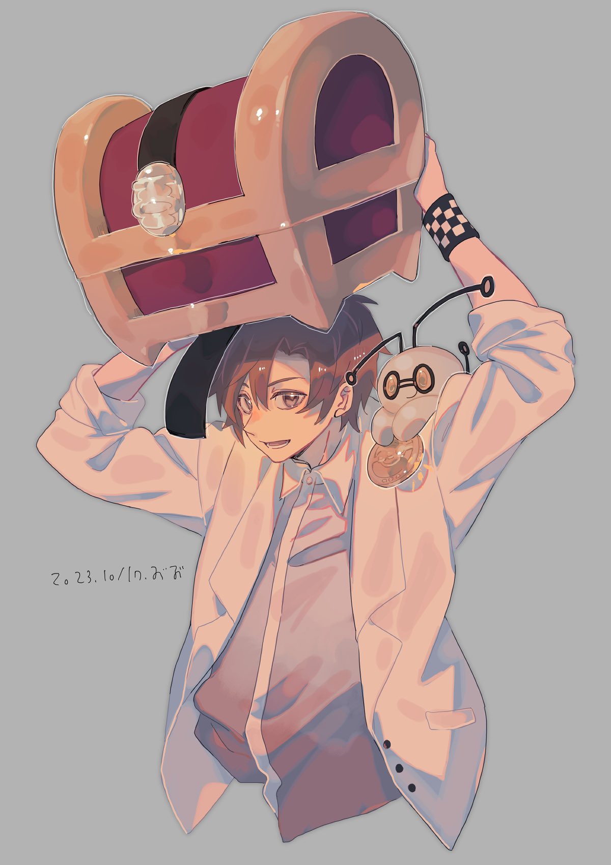 1boy, arms_up, blazer, brbr_vrvr, brown_eyes, brown_hair, cevio, checkered_wristband