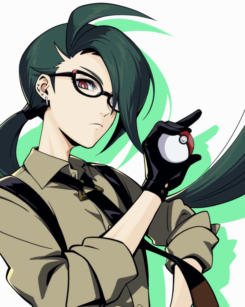 1girl, ahoge, black-framed_eyewear, black_necktie, bright_pupils, closed_mouth, collared_shirt, commentary_request, earrings, gam17m, glasses, green_hair, hand_up, highres, holding, holding_poke_ball, jewelry, long_hair, looking_down, necktie, poke_ball, poke_ball_(basic), pokemon, pokemon_(game), pokemon_sv, ponytail, red_eyes, rika_(pokemon), shirt, sleeves_rolled_up, solo, stud_earrings, suspenders, upper_body, white_pupils