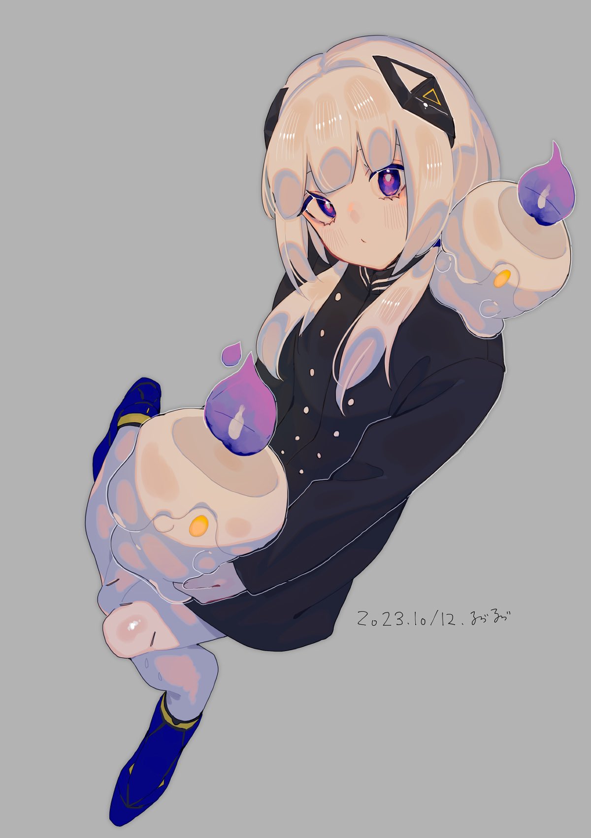 1girl, black_dress, blue_footwear, blunt_bangs, blush, boots, brbr_vrvr, bright_pupils