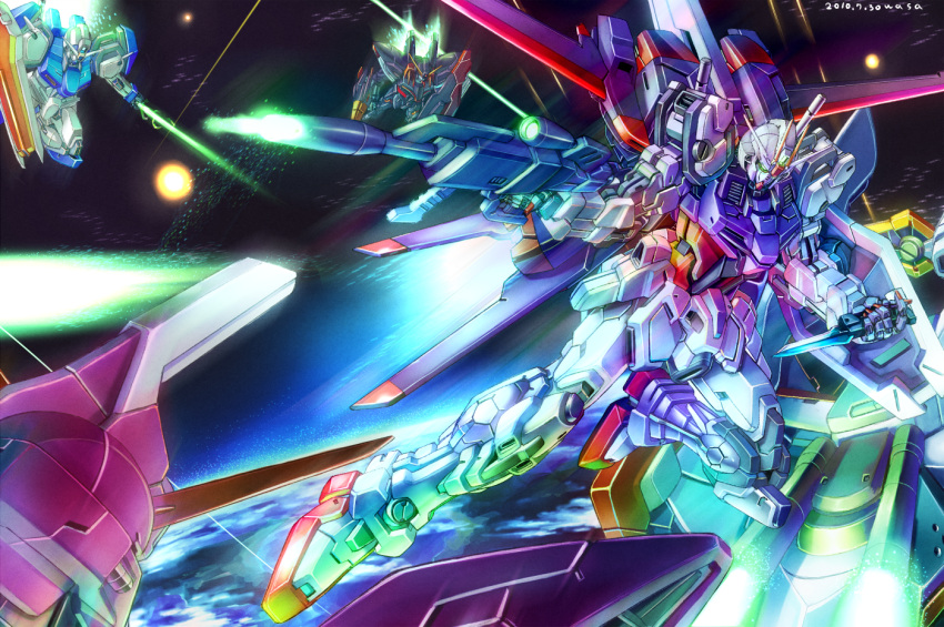 archangel_(gundam), battle, beam_rifle, blitz_gundam, dagger, duel_gundam, earth, energy_beam, energy_sword, explosion, gun, gundam, gundam_seed, mecha, shield, space, space_craft, strike_gundam, sword, wasabi_(payan), weapon
