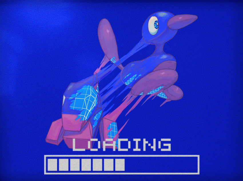 absurdres, alternate_color, blue_background, blue_eyes, code, evolutionary_line, from_side, highres, korean_commentary, loading_screen, no_humans, pokemon, pokemon_(creature), porygon, porygon2, progress_bar, raid_(donghyeok), shiny_pokemon, simple_background, wireframe