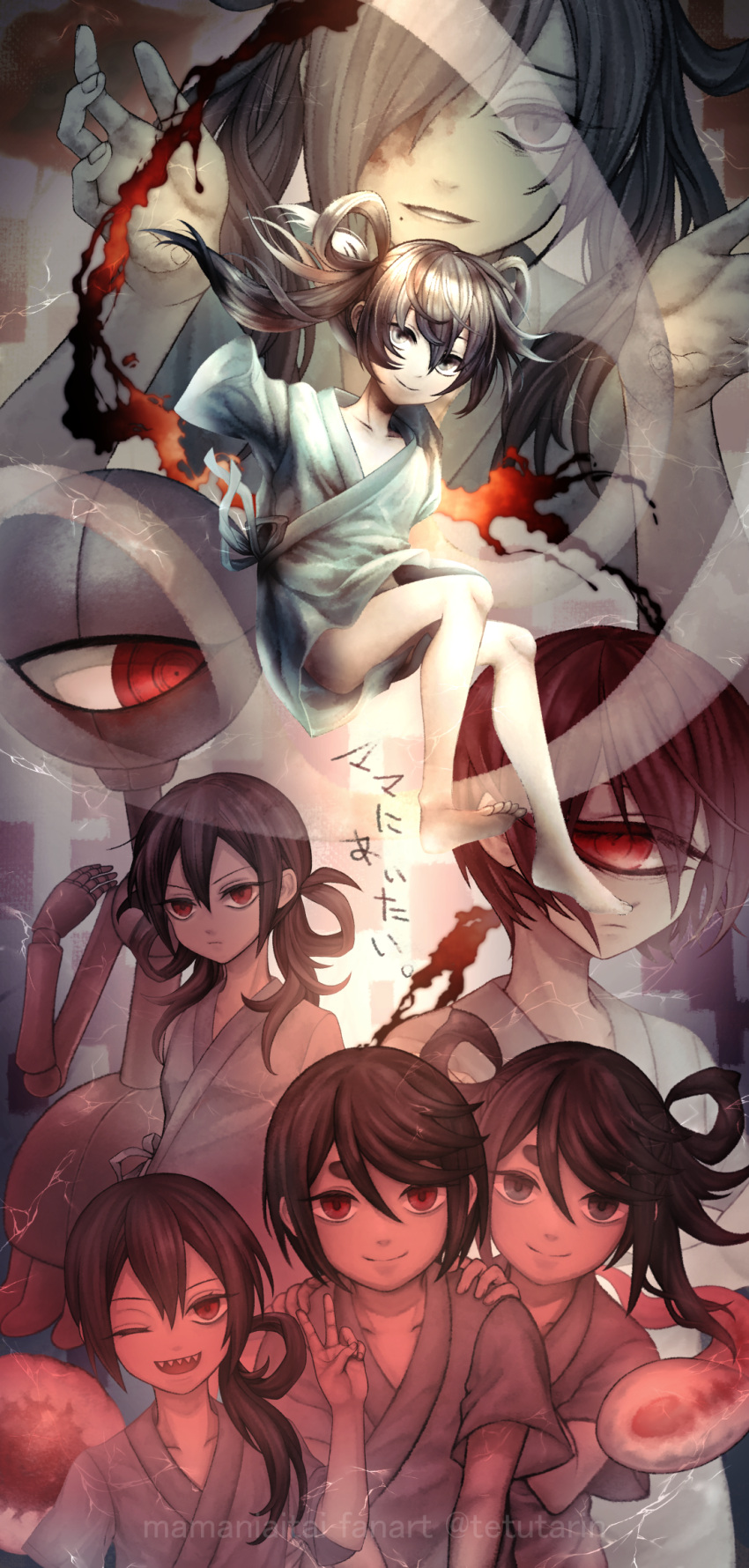 2girls, 4boys, amputee, barefoot, blood, blood_splatter, blood_stain, colored_skin