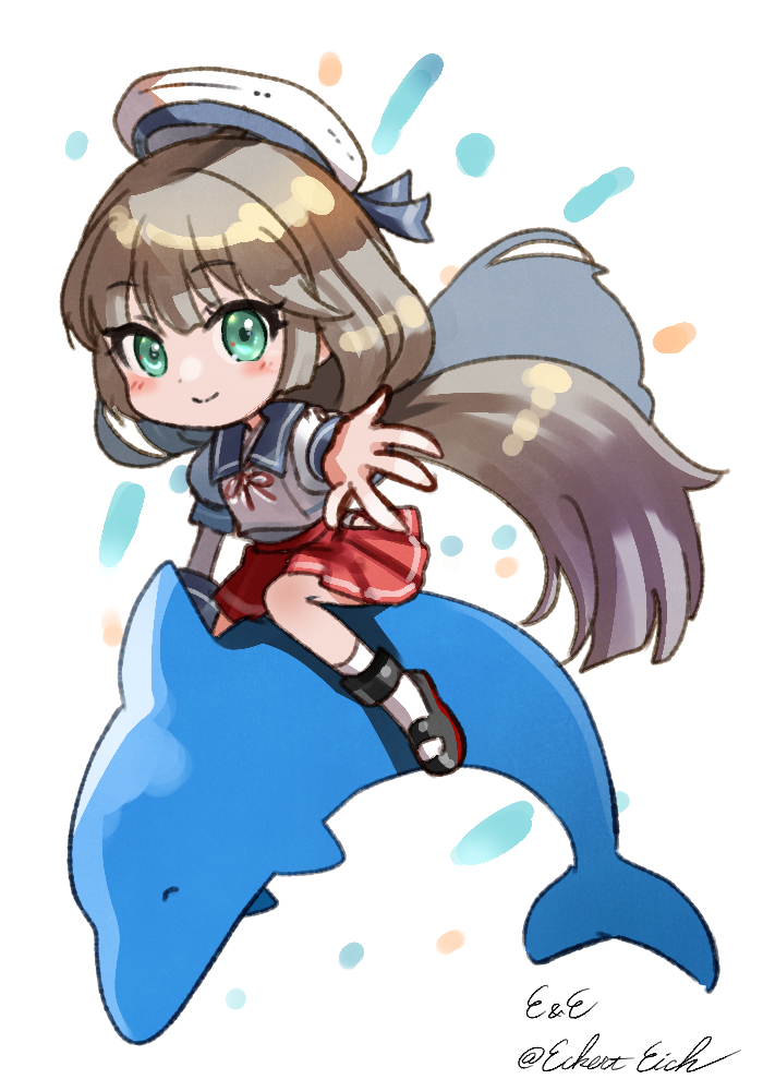 1girl, blush, brown_hair, chibi, dolphin, eckert&amp;eich, green_eyes, hat