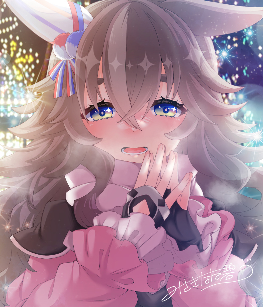 absurdres, animal_ears, blue_eyes, blush, city_lights, fingerless_gloves, gloves, grey_hair