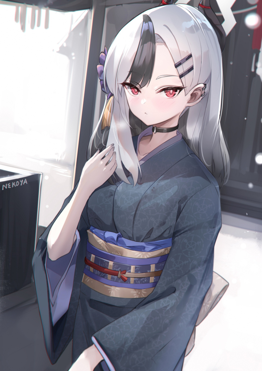 1girl, absurdres, artist_name, black_choker, black_hair, black_horns, black_kimono, blue_archive