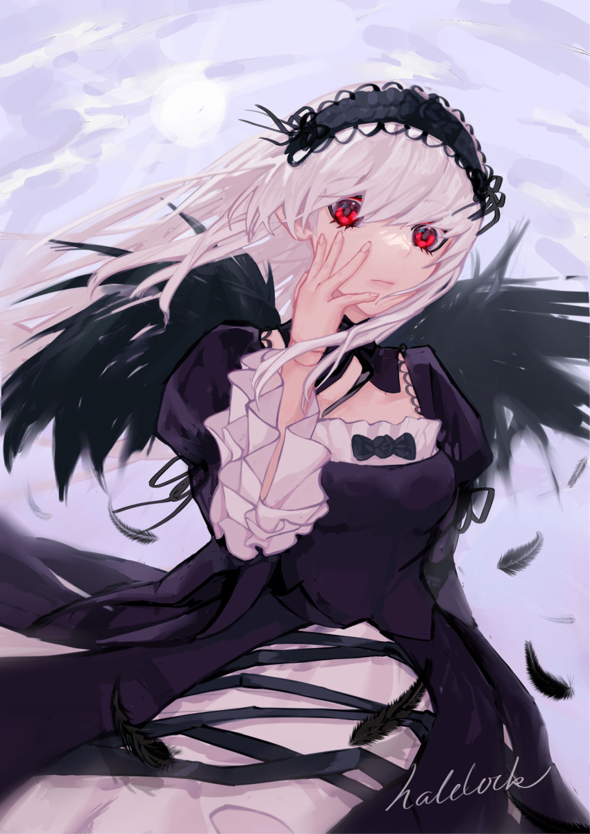 1girl, absurdres, black_collar, black_dress, black_hairband, black_ribbon, black_wings, breasts, closed_mouth, collar, commentary_request, cowboy_shot, cross-laced_clothes, cross-laced_dress, detached_collar, doll_joints, dress, expressionless, feathered_wings, feathers, fingernails, frilled_dress, frilled_hairband, frills, gothic_lolita, hair_between_eyes, hair_ribbon, hairband, halclock, hand_on_own_cheek, hand_on_own_face, highres, joints, layered_dress, lolita_fashion, lolita_hairband, long_hair, looking_at_viewer, medium_bangs, medium_breasts, red_eyes, ribbon, rozen_maiden, signature, solo, suigintou, white_dress, wings