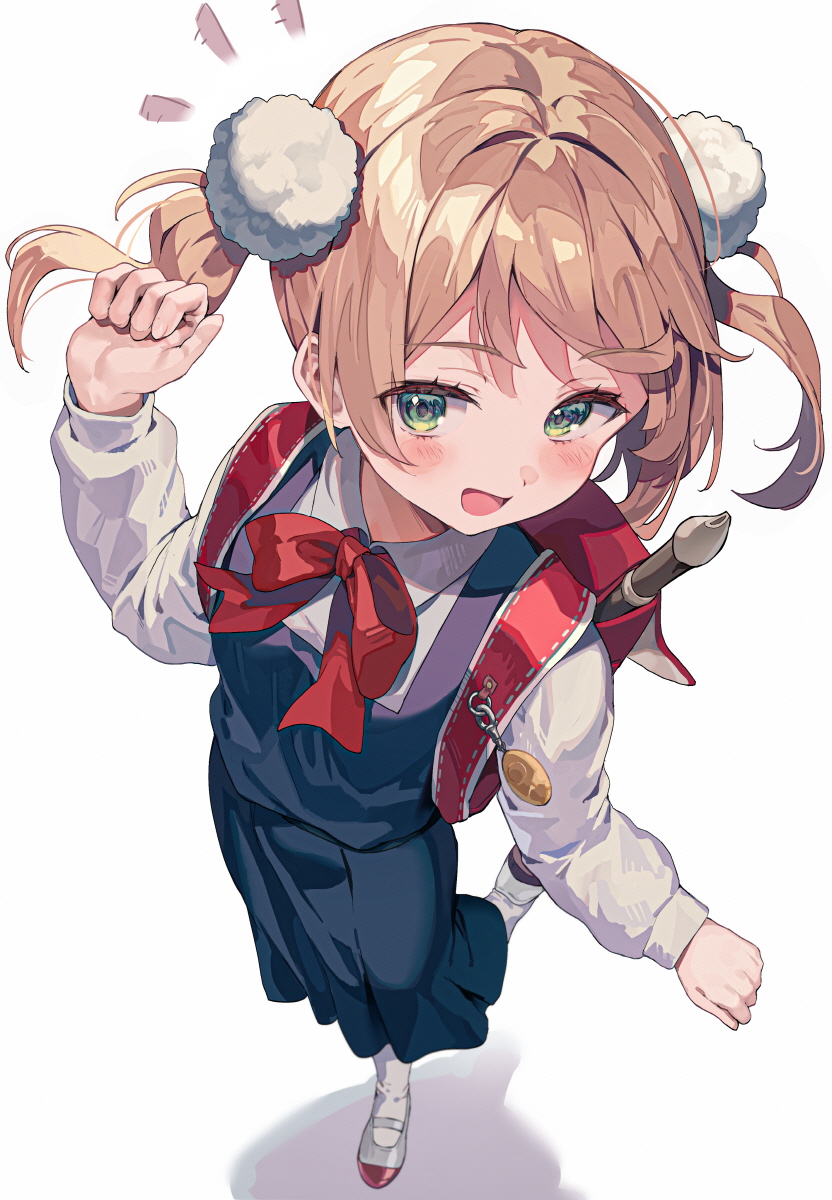 backpack, bag, blush, bow, breasts, brown_hair, crime_prevention_buzzer, from_above