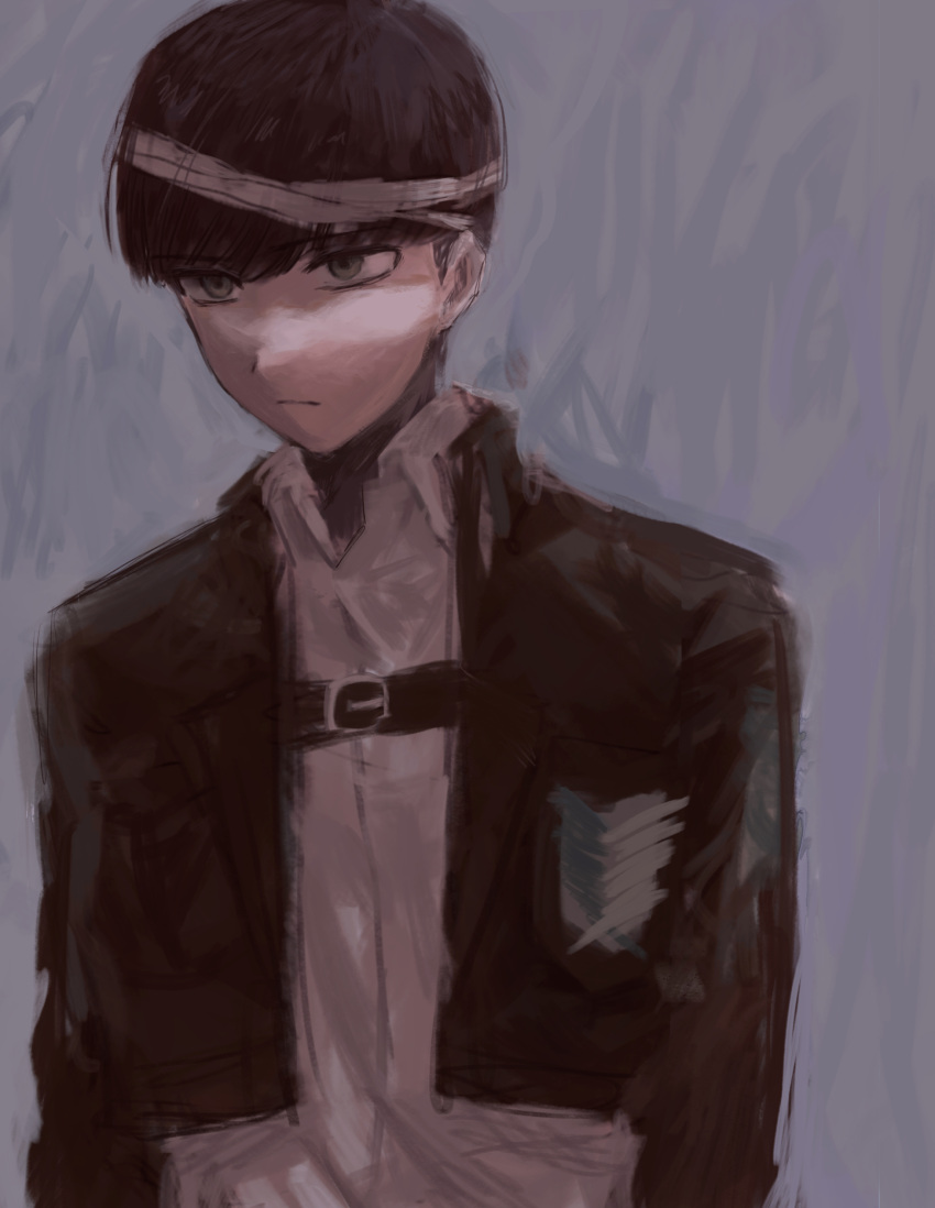 1boy, absurdres, anko_(user_uaaw2357), bowl_cut, brown_jacket, floch_forster, galaxy_expedition_team_survey_corps_uniform, highres, jacket, staring, survey_corps_(emblem)