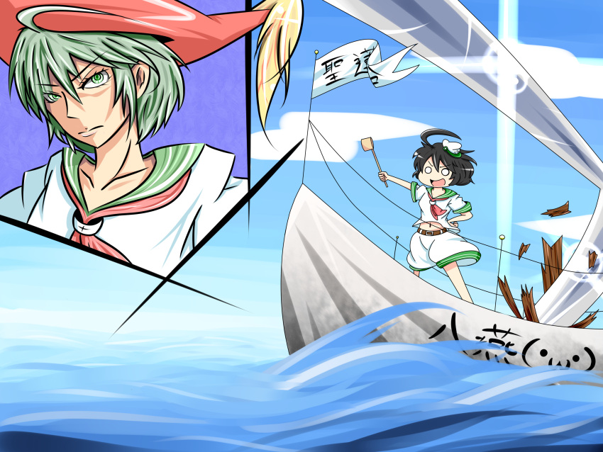 :3, ahoge, alternate_hair_color, amakan!, black_ahir, boat, destruction, flag