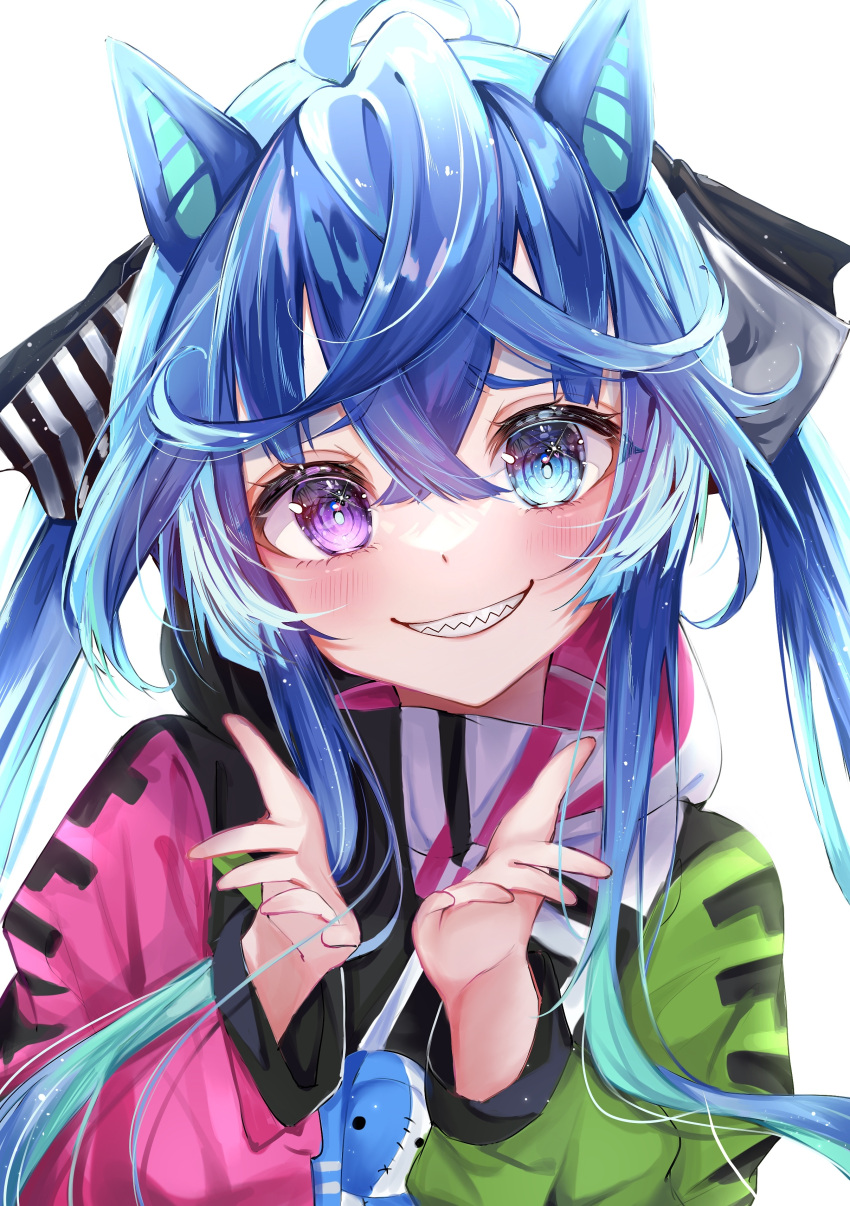 1girl, @_@, absurdres, ahoge, animal_ears, blue_eyes, blue_hair, blush