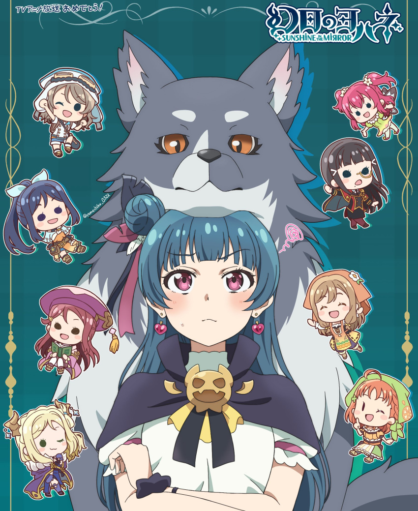 6+girls, black_capelet, black_hair, black_scrunchie, blonde_hair, blue_hair, blush, book