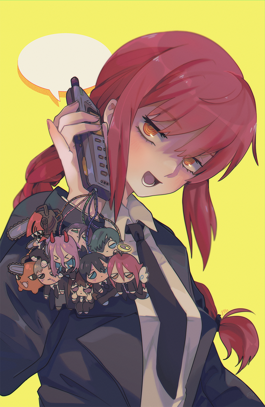1girl, angel_devil_(chainsaw_man), black_jacket, black_necktie, braid, braided_ponytail, cellphone_charm, chainsaw_man, charm_(object), denji_(chainsaw_man), english_commentary, eyelashes, hayakawa_aki, higashiyama_kobeni, highres, himeno_(chainsaw_man), holding_walkie-talkie, jacket, kishibe_(chainsaw_man), kitchupsandwich, long_hair, lower_teeth_only, makima_(chainsaw_man), nayuta_(chainsaw_man), necktie, open_mouth, orange_eyes, pochita_(chainsaw_man), power_(chainsaw_man), redhead, ringed_eyes, shirt, simple_background, teeth, walkie-talkie, white_shirt, yellow_background