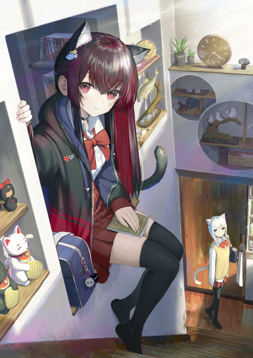 2girls, animal_ears, bag, bird, black_choker, black_hair, black_hoodie, black_pantyhose, black_thighhighs, blue_eyes, book, bow, bowtie, cat_ears, cat_girl, cat_tail, choker, clock, closed_mouth, clothes_writing, collared_shirt, colored_inner_hair, commentary_request, doll, elephant_statue, expressionless, figure, fish_hair_ornament, fish_statue, full_body, hair_ornament, heart, high-waist_skirt, highres, holding, holding_book, hood, hood_down, hoodie, horse_statue, indoors, long_hair, long_sleeves, looking_at_viewer, maneki-neko, multicolored_hair, multiple_girls, no_shoes, open_clothes, open_hoodie, original, pantyhose, pi_(p77777778), pink_nails, plant, pleated_skirt, potted_plant, red_bow, red_bowtie, red_eyes, red_skirt, redhead, school_bag, shelf, shirt, short_hair, sitting, skirt, stairs, sweater_vest, tail, thigh-highs, towel, untucked_shirt, white_hair, white_shirt, yellow_sweater_vest