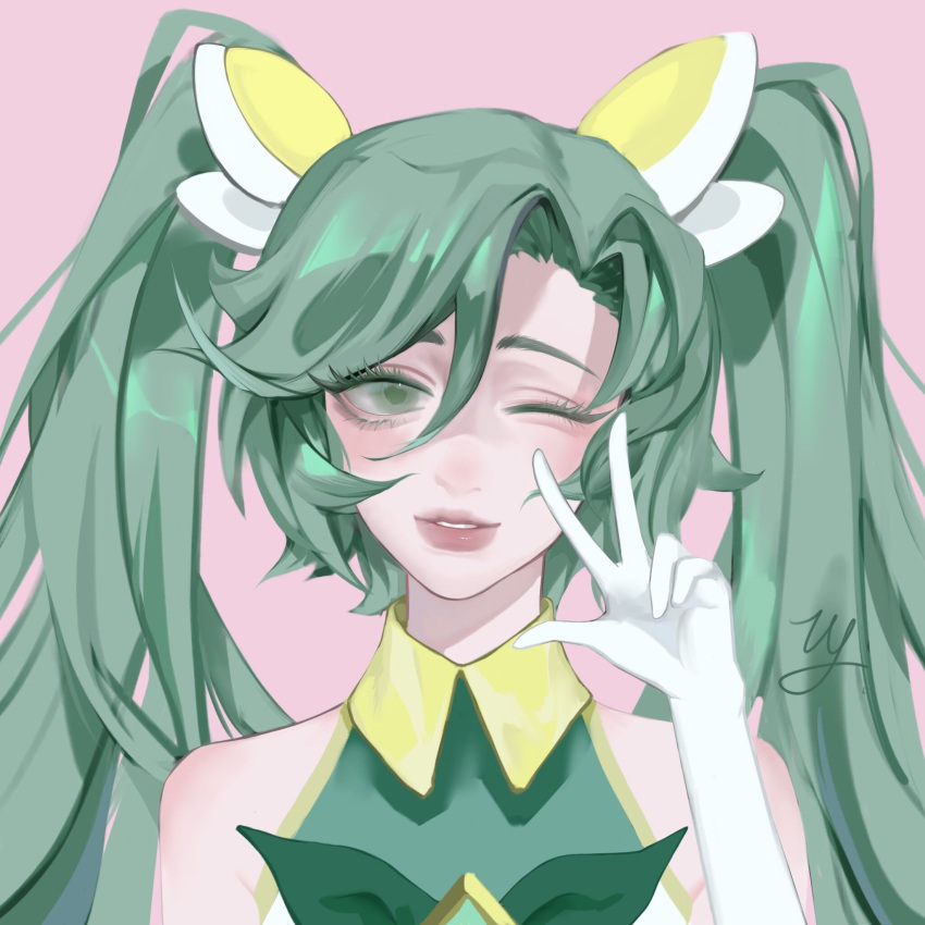 1girl, bare_shoulders, collared_shirt, gloves, green_eyes, green_hair, hair_ornament, hand_up