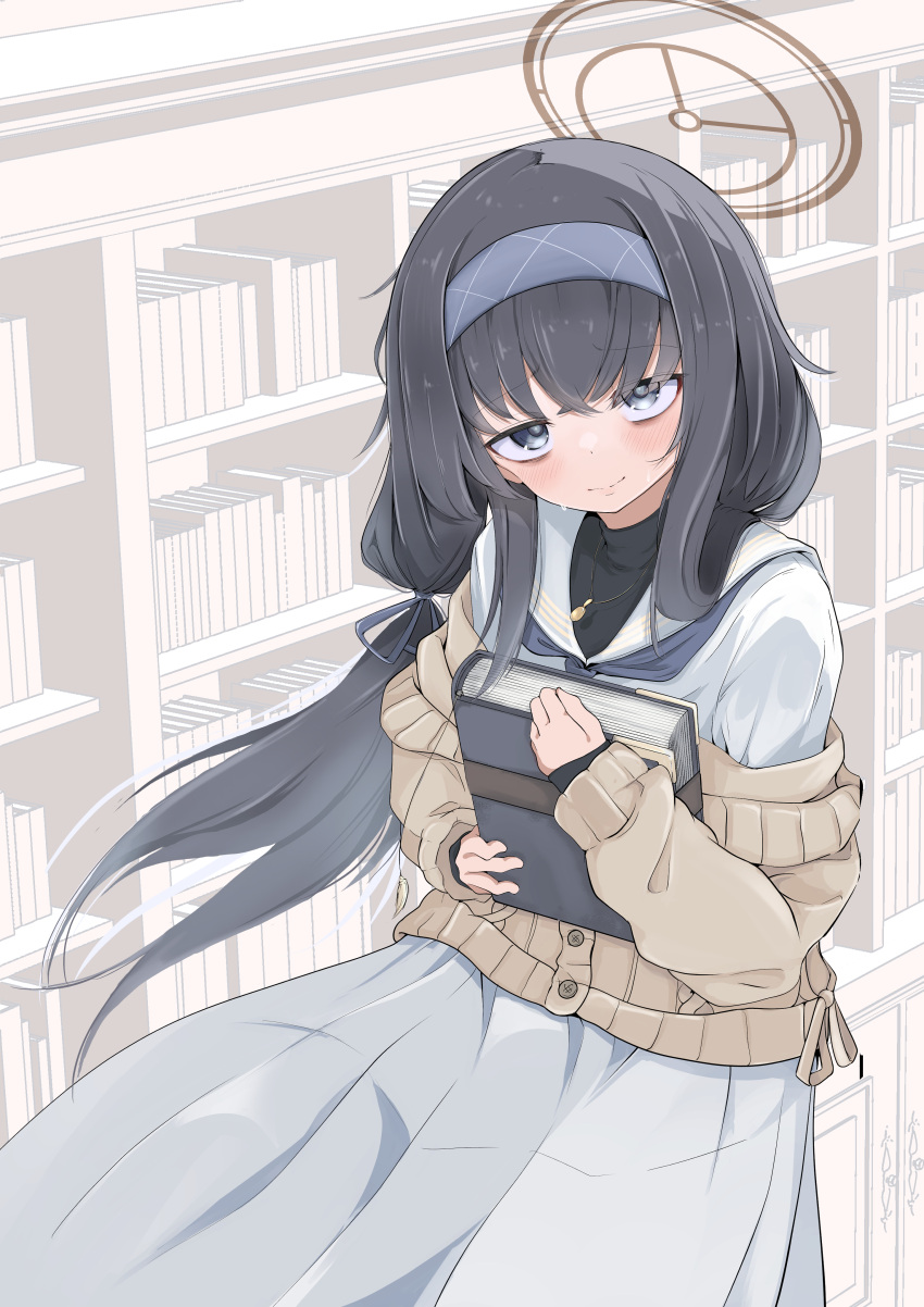 1girl, absurdres, bags_under_eyes, black_eyes, black_hair, black_undershirt, blue_archive, blue_hair