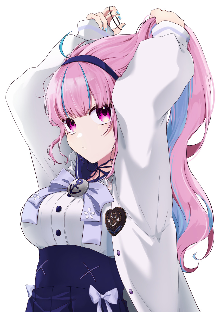 1girl, absurdres, adjusting_hair, ahoge, anchor_symbol, arms_behind_head, arms_up, blue_choker