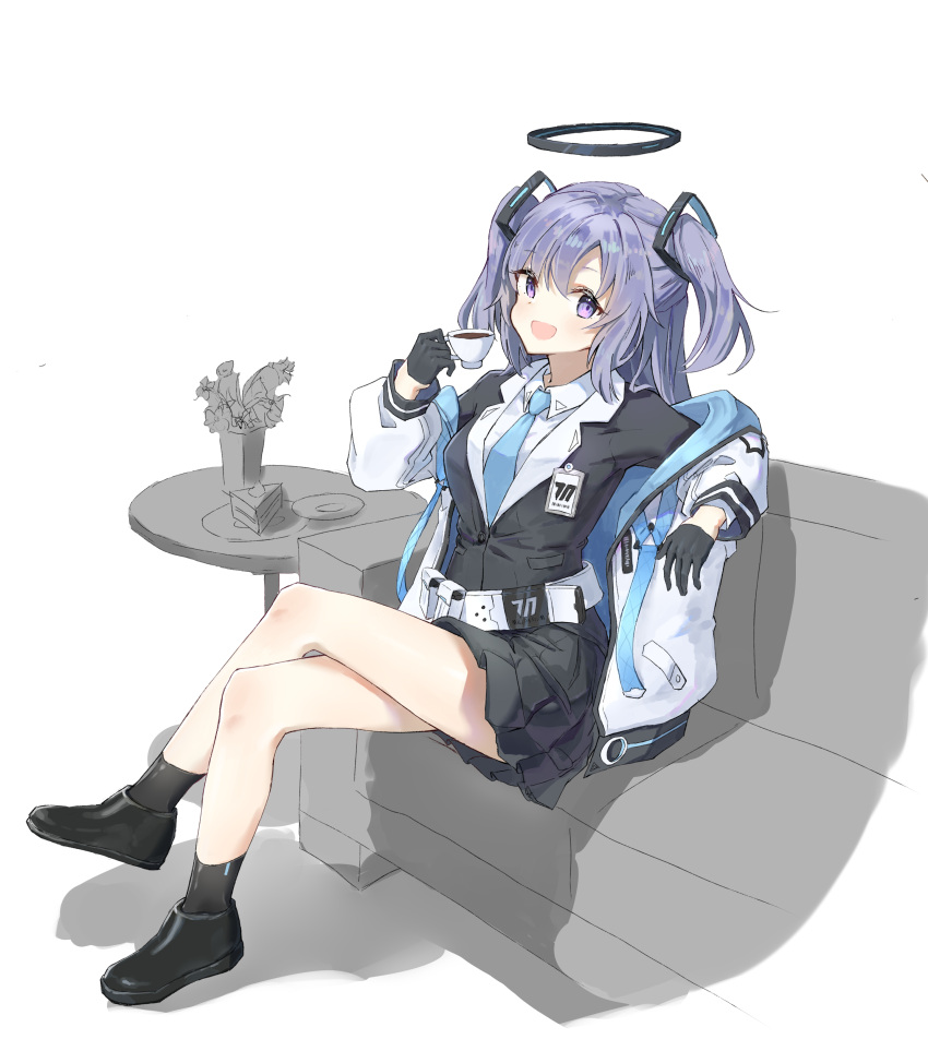 1girl, absurdres, airaila, belt, belt_pouch, black_footwear, black_gloves, black_skirt, black_socks, black_vest, blue_archive, blue_hair, blue_necktie, breasts, coffee_cup, collared_shirt, commentary_request, couch, crossed_legs, cup, disposable_cup, gloves, half_gloves, halo, hand_up, highres, holding, holding_cup, jacket, long_sleeves, looking_at_viewer, mechanical_halo, medium_breasts, necktie, on_couch, open_clothes, open_jacket, open_mouth, pouch, shirt, shoes, simple_background, sitting, skirt, smile, socks, solo, two_side_up, vest, violet_eyes, white_background, white_belt, white_jacket, white_shirt, yuuka_(blue_archive)