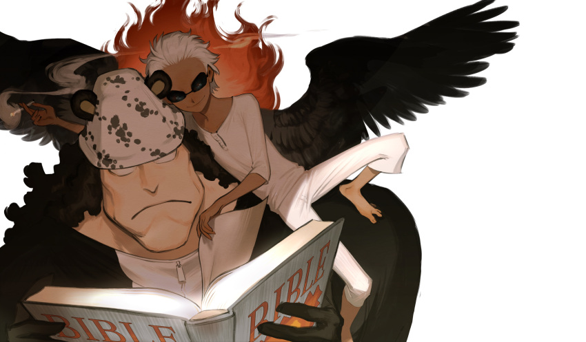10kiroki, 2boys, absurdres, barefoot, bartholomew_kuma, bear_hat, bible_(object), black_gloves
