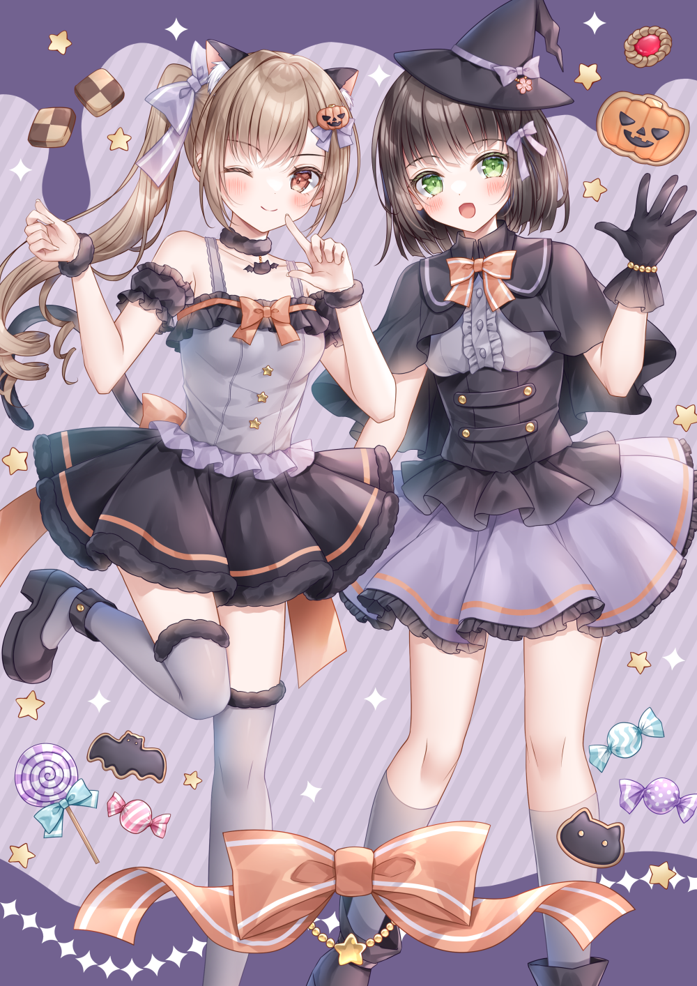 2girls, :d, ;), black_capelet, black_footwear, black_gloves, black_hair, black_headwear