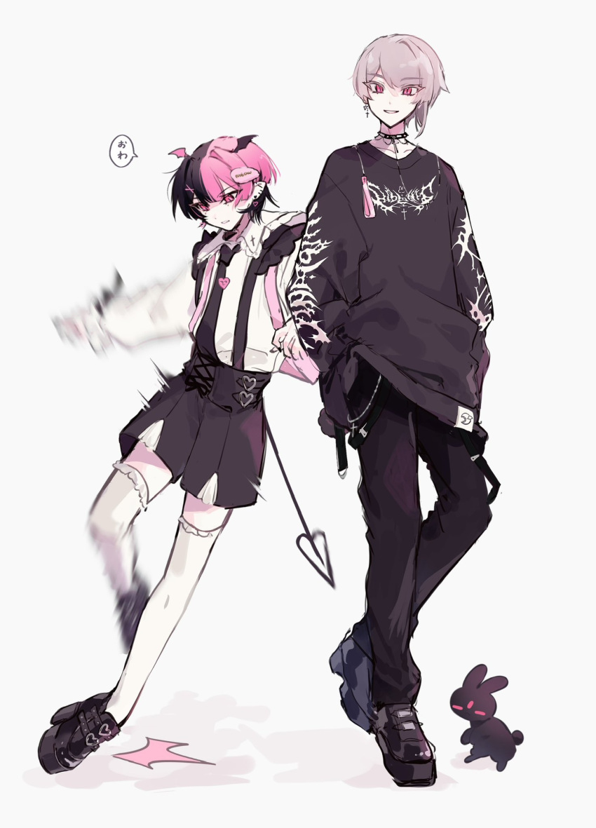 2boys, androgynous, black_choker, black_hair, black_pants, black_shirt, black_shorts, blonde_hair