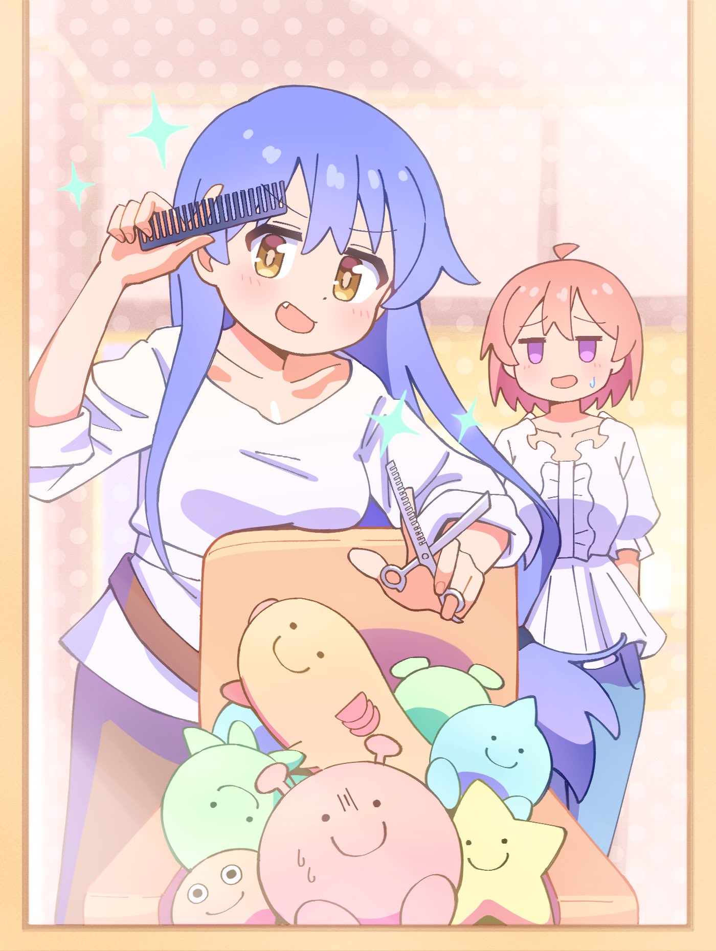 2girls, :d, :o, ahoge, blue_hair, breasts, c:, collarbone, comb, commentary, dot_nose, fang, hair_between_eyes, highres, hisaki_hiyori, holding, holding_comb, holding_scissors, jitome, long_hair, long_sleeves, low-tied_long_hair, medium_breasts, mirror, multiple_girls, nanami_raika, nuurise2023, onii-chan_wa_oshimai!, open_mouth, pink_hair, reflection, scissors, shirt, short_hair, sleeves_rolled_up, smile, sparkle, stuffed_toy, sweatdrop, very_long_hair, violet_eyes, white_shirt, yellow_eyes